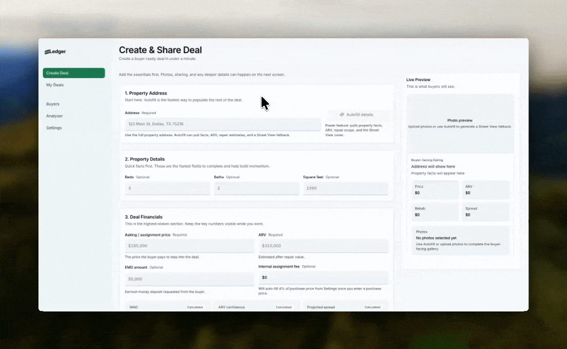 Creating a deal in Ledger — autofill property details, set pricing, and upload photos